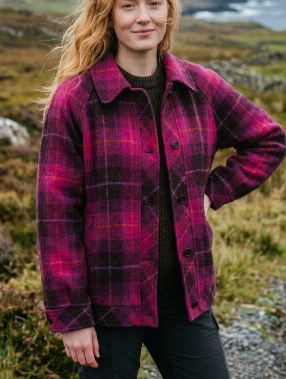 Vintage Harris Tweed Wool Coat Peter James Plaid Magenta Orange Flawless Sz XL